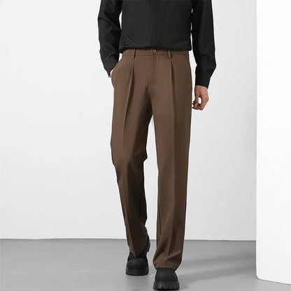 2025 Men's Loose Suit Pants Classic Straight Solid Color Drape Elastic Business Office Worker Casual Trousers Brown Khaki Gray