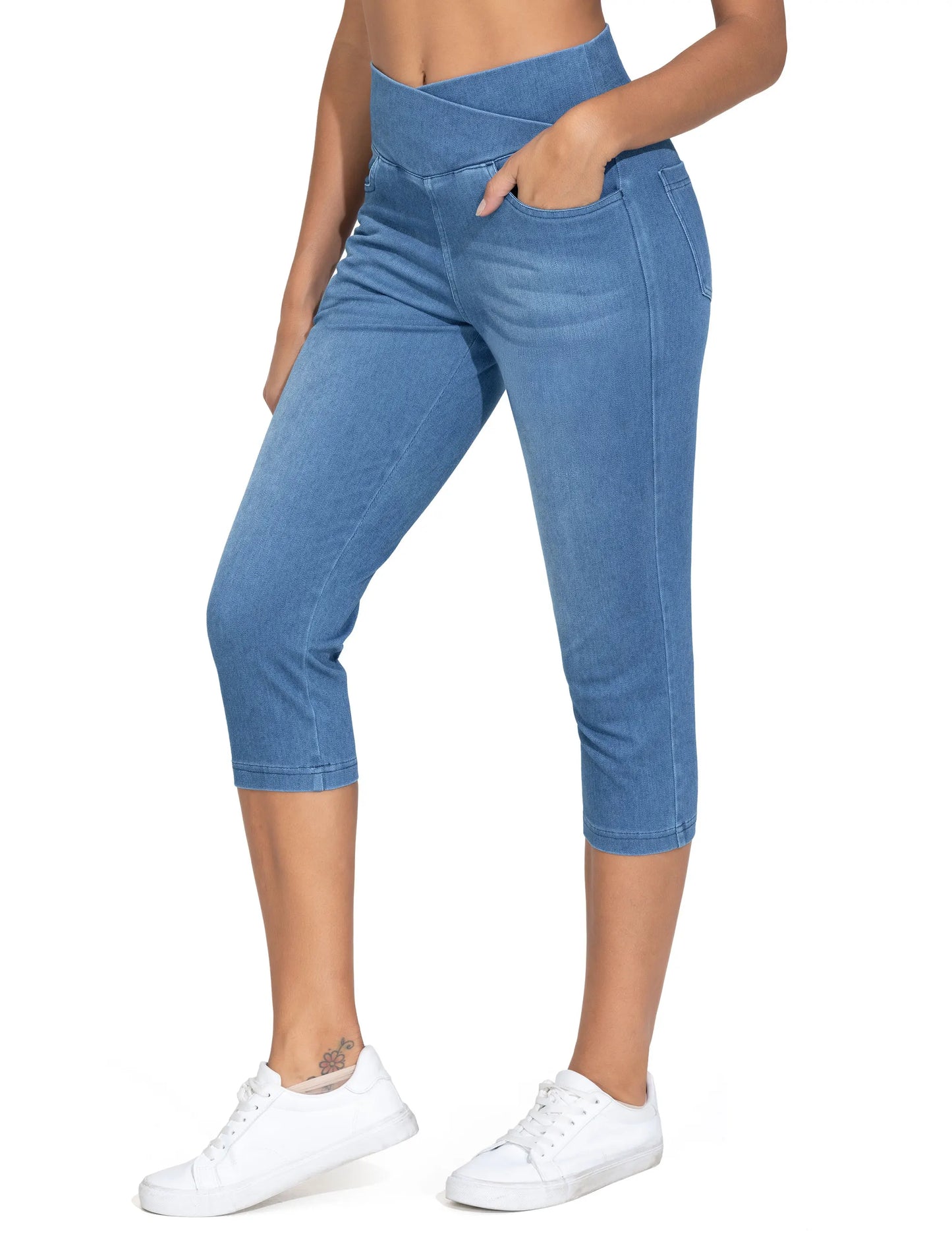 THE GYM PEOPLE Women's Cross Waisted Stretchy Capri Denim Jeggings Tummy Control Skinny Jean Leggings with Pockets