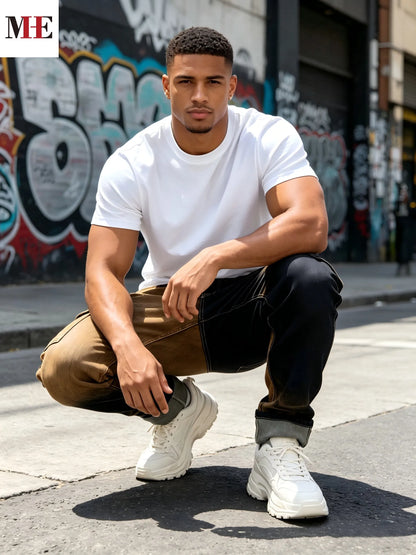 【HME】Men's jeans | Two-tone split gradient slim straight denim pants with dual side cargo pockets, stretch soft anti-fade contrast wash denim fabric, avant-garde street unique color block men's fashion denim pants.