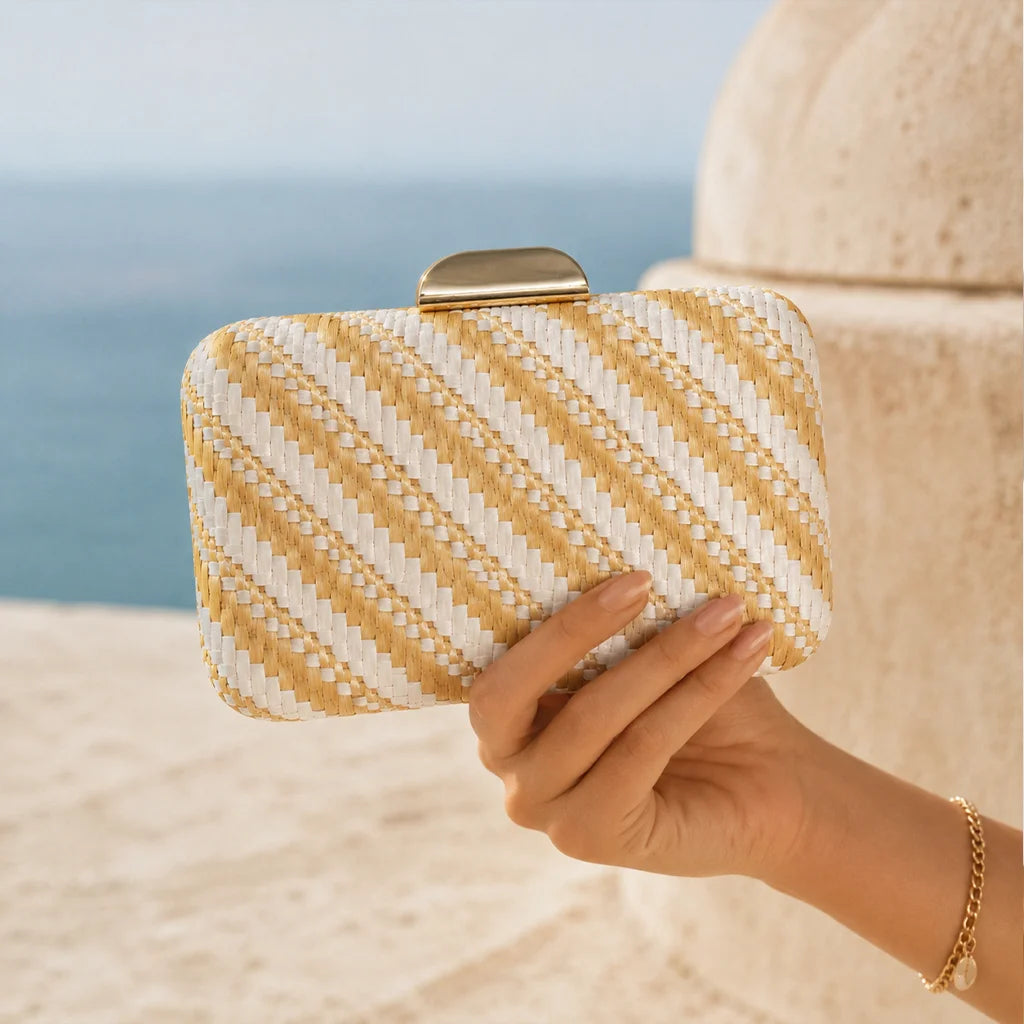 Women Striped Straw Cotton Woven Hard Clutch Bag, Bohemian Box Evening Purse for Wedding Beach Party Banquet
