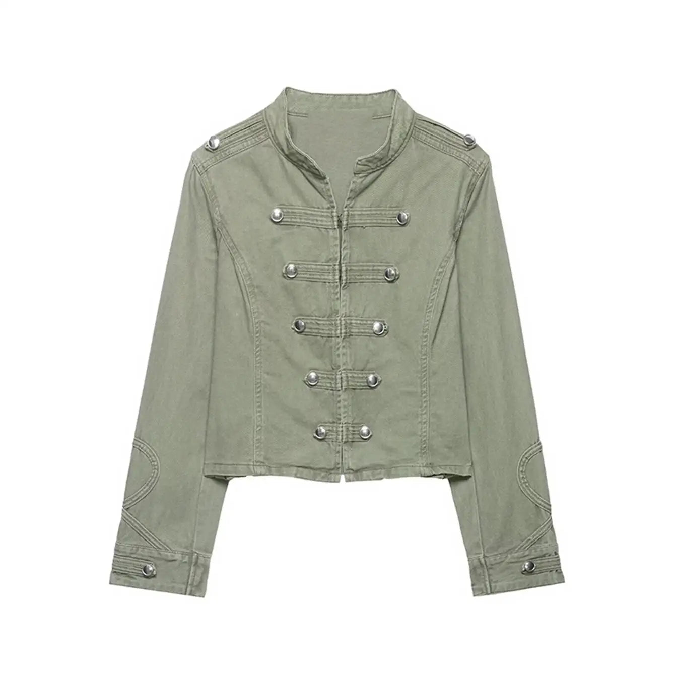TFMLN Women Casual Denim Jacket Coat 2026 Spring Autumn Long Sleeve Stand Collar Short Coat Female Button Decor Crop Top