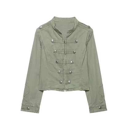 TFMLN Women Casual Denim Jacket Coat 2026 Spring Autumn Long Sleeve Stand Collar Short Coat Female Button Decor Crop Top