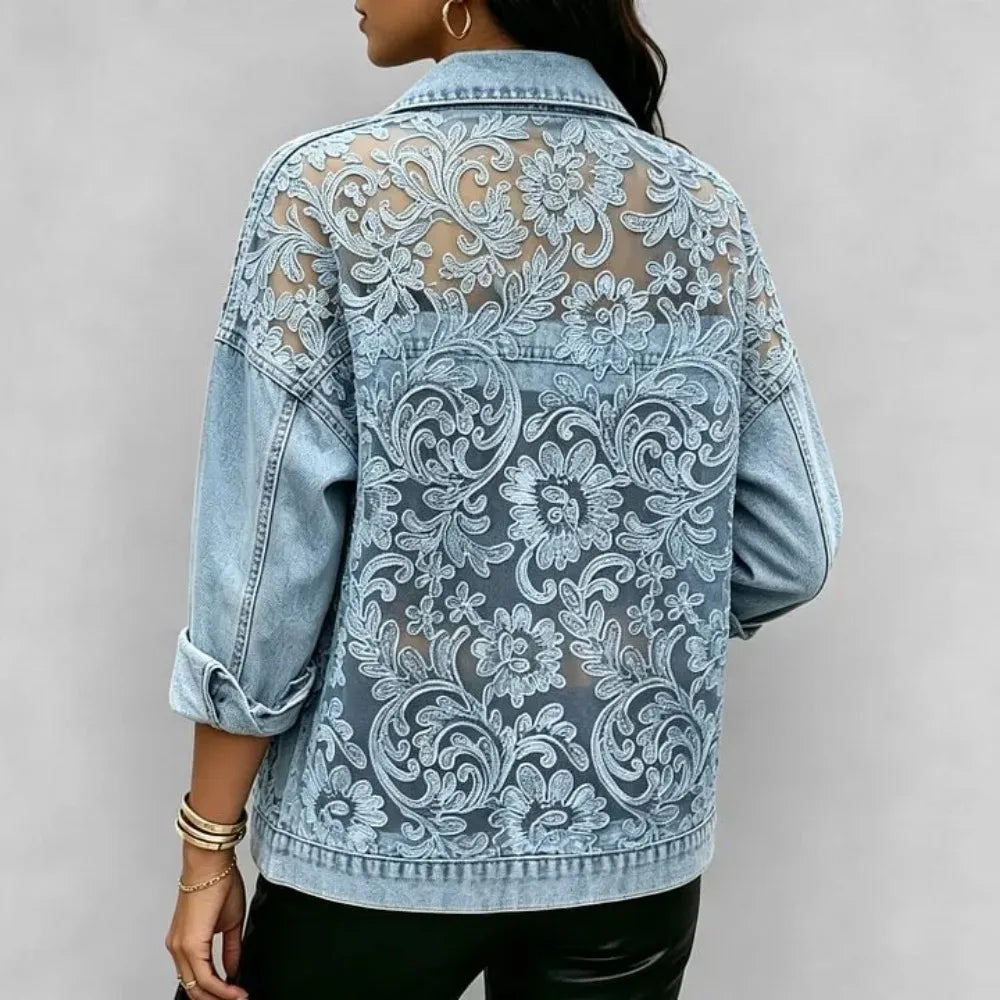 Women's See-Through Floral Lace Embroidered Patchwork Denim Long Sleeve Jacket Casual Streetwear Short Outerwear for Spring Fall