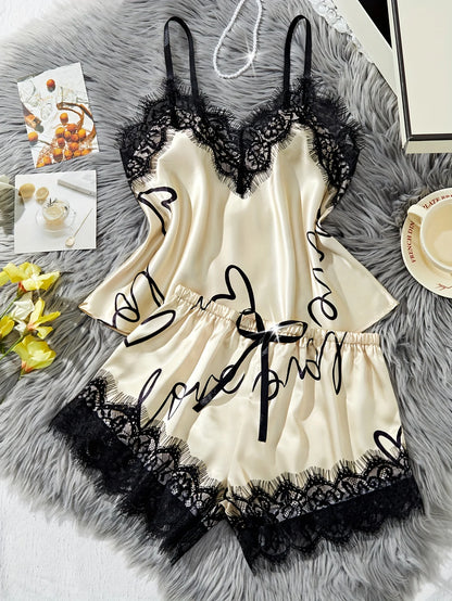 Women‘s Milk Silk Pajamas Set Summer Sleeveless Yellow Heart Print Lace Trim Soft Summer Sleepwear Lounge Sets Nightwear