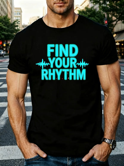 Graphic Style Men's T-Shirt, Find Your Rhythm Audio Mix Sound Wave Design, Music Festival Summer Concert, Dj Producer Musician Gift Retro Casual Crew Neck Printed T-Shirt