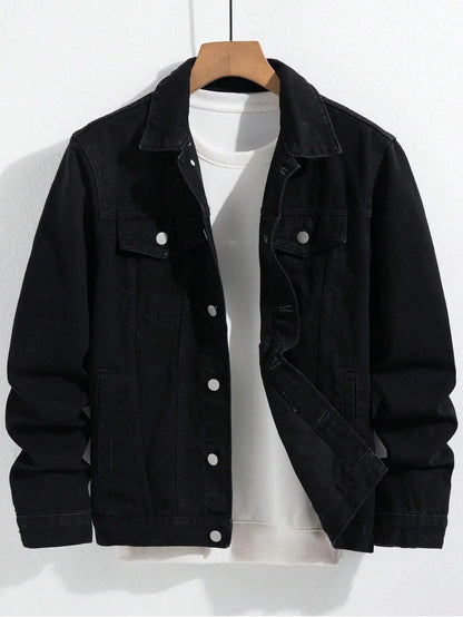 Men's spring-autumn denim jacket. Black minimalist coat. Daily casual. Stylish and trendy style.