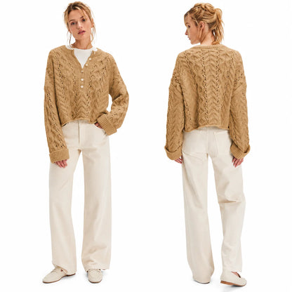 Oversized Chunky Cable Knit Henley Sweater for Women, Half Button V‑Neck Cropped Long Sleeve Pullover, Loose Casual Textured Knit Jumper