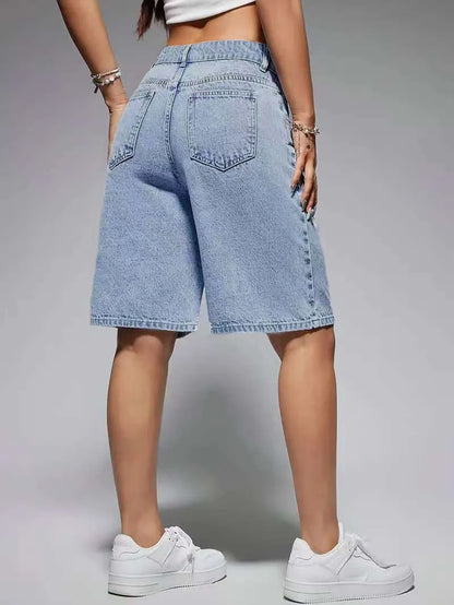 Light blue high-waisted denim shorts