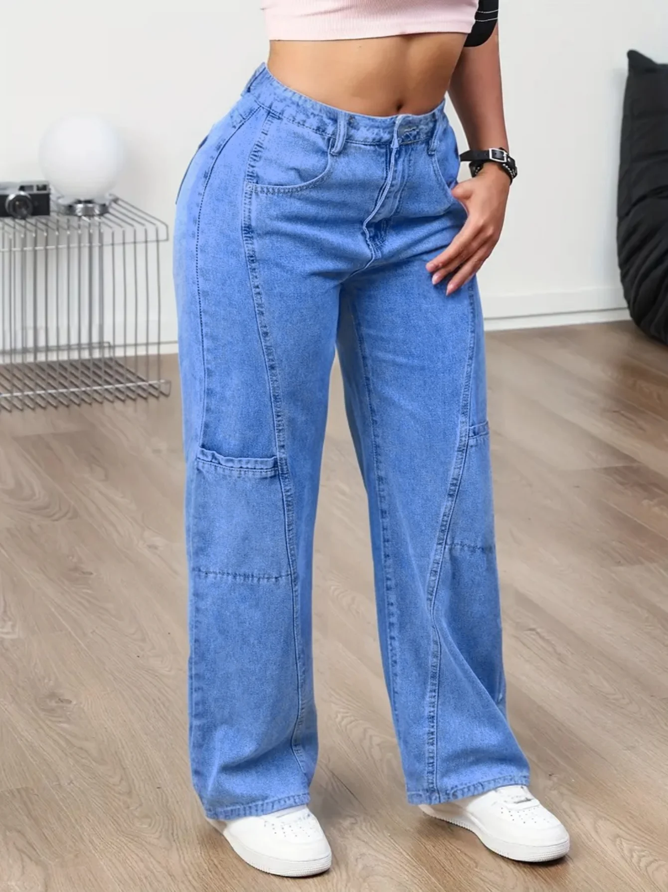 Women's Wide-Leg Casual Trousers Denim Stretch Multi-Pocket Long Pants Comfortable Fit Denim Jeans