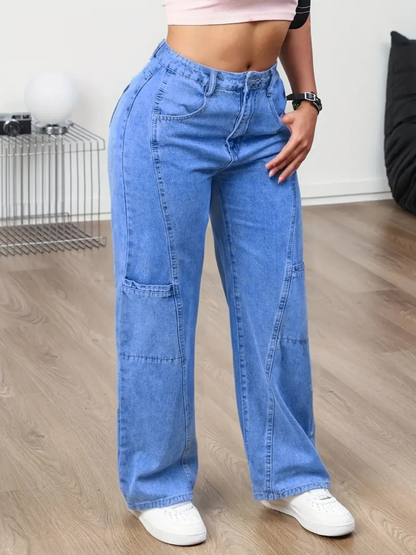 Women's Wide-Leg Casual Trousers Denim Stretch Multi-Pocket Long Pants Comfortable Fit Denim Jeans