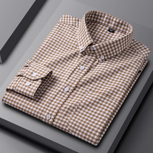 New in Shirt 100% Cotton Oxford Plaid Long Sleeve Shirts for Man Slim Fit Formal Plain Shirt Soft Striped Casual Elegant Clothes