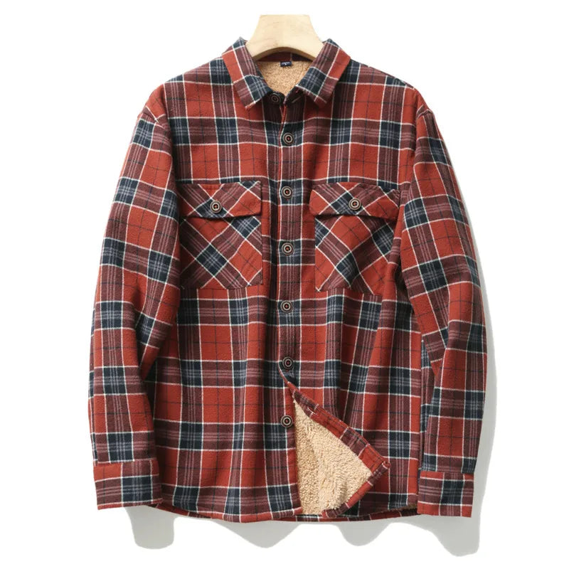 Men's Plaid Flannel Shirts Jacket Fall Winter Thick Fleece Quilted Lined Chest Pocket Long Sleeve Checkered Shirt Man Outwear
