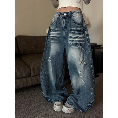 YIBASHU 2026 Summer Women's Ripped Denim Pants Y2K Men Wide Fit Baggy Jean Japanese Harajuku Jean Punk Tide Mom Jeans Boyfriend