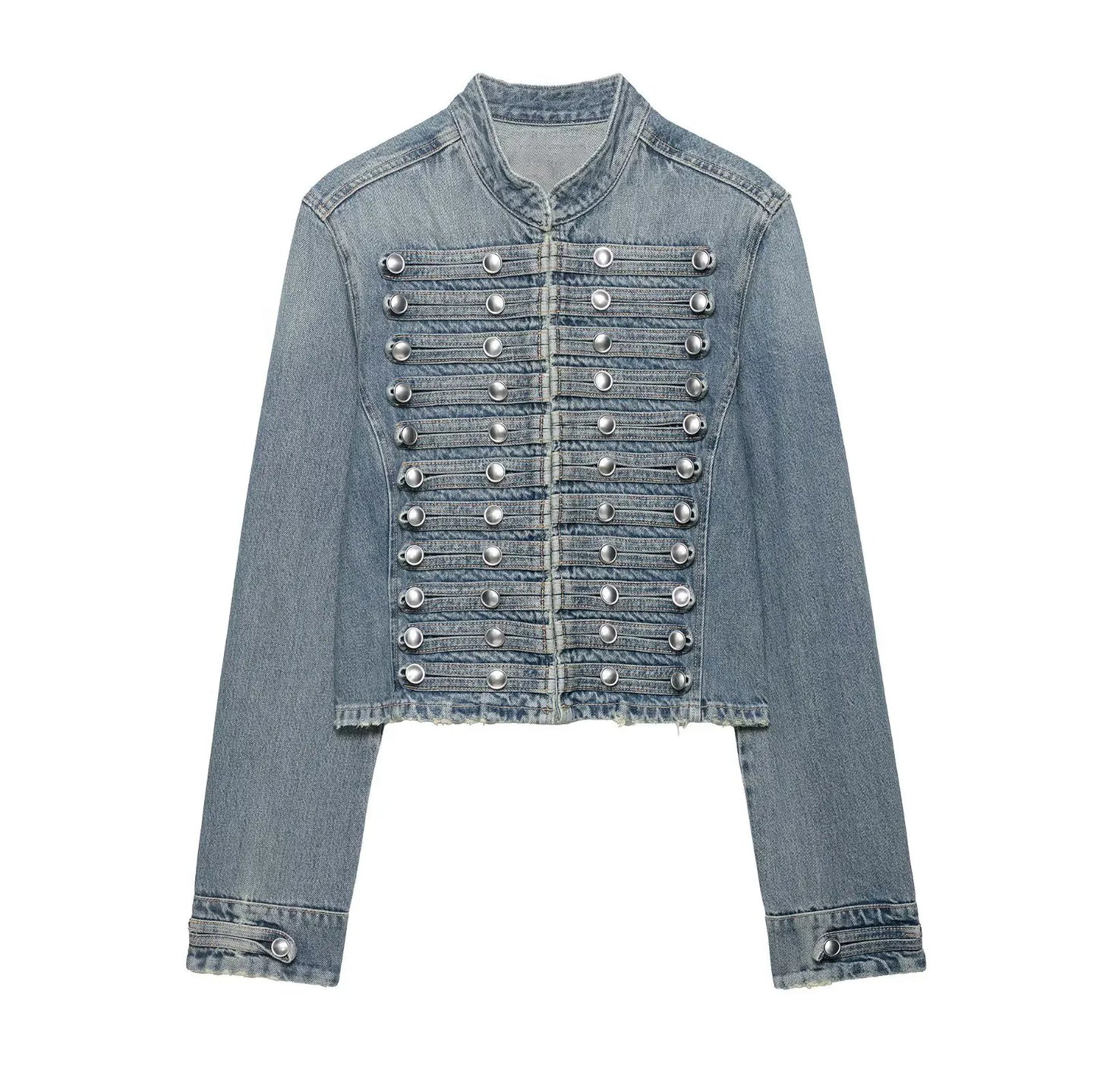 HH Women Fashion Denim Jacket Front Metal Button Decoration Coat Long Sleeve Slim Jacket Elegant Woman High Street Denim Outwear