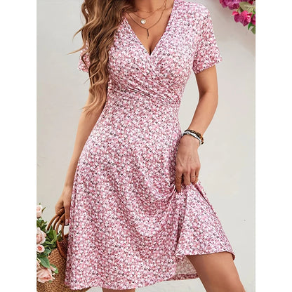 Floral Print Mini Dress Short Sleeve Midi Skirt Women's Fashion Spring Summer V Neck Polyester Fiber Regular Waistline Dress