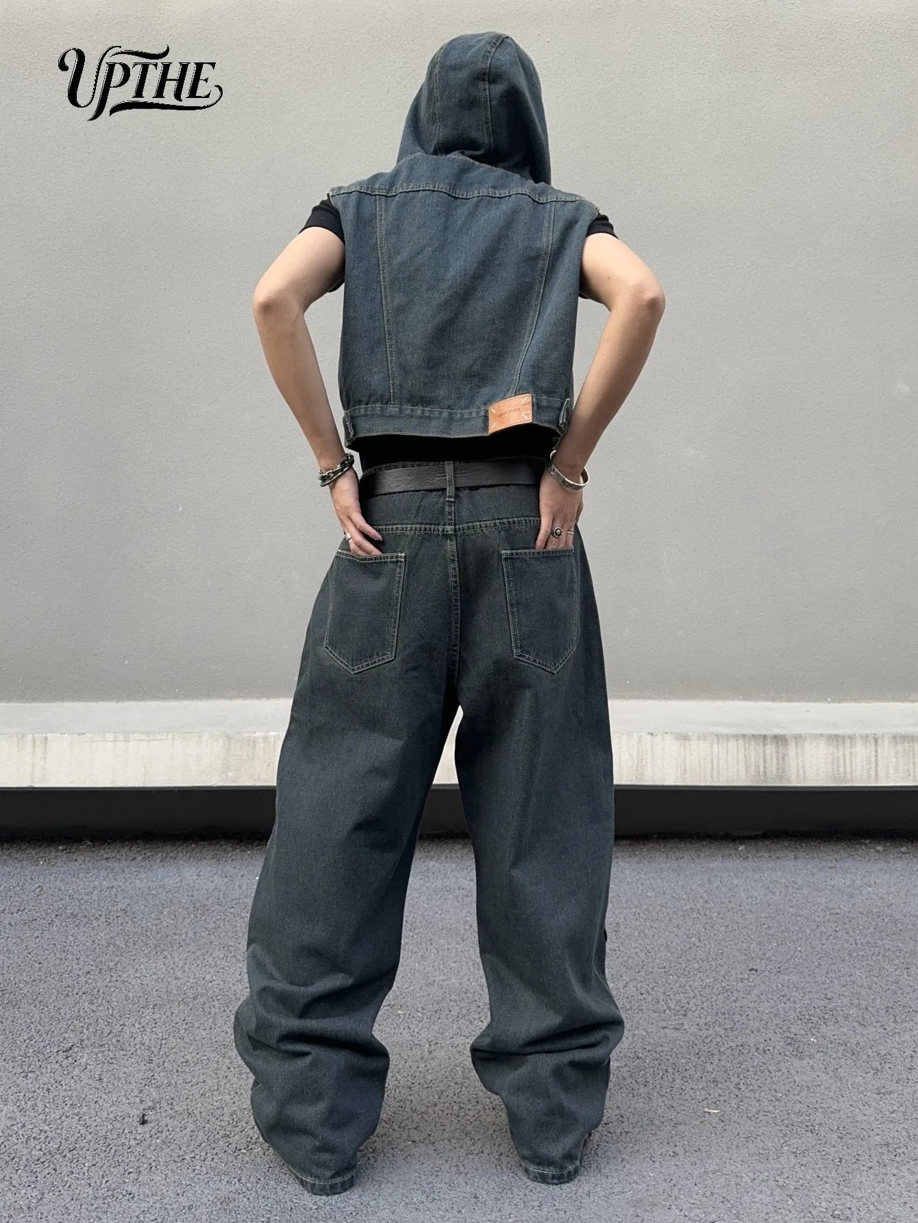 UP.THE Men Dark Raw Denim Baggy Wide Leg Jeans, Y2K Oversized Loose Curved Spliced Eyelet Denim Pants, Industrial Streetwear Trousers for Daily Outfits