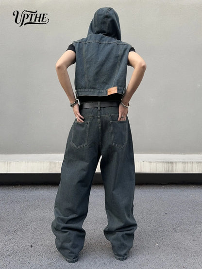 UP.THE Men Dark Raw Denim Baggy Wide Leg Jeans, Y2K Oversized Loose Curved Spliced Eyelet Denim Pants, Industrial Streetwear Trousers for Daily Outfits