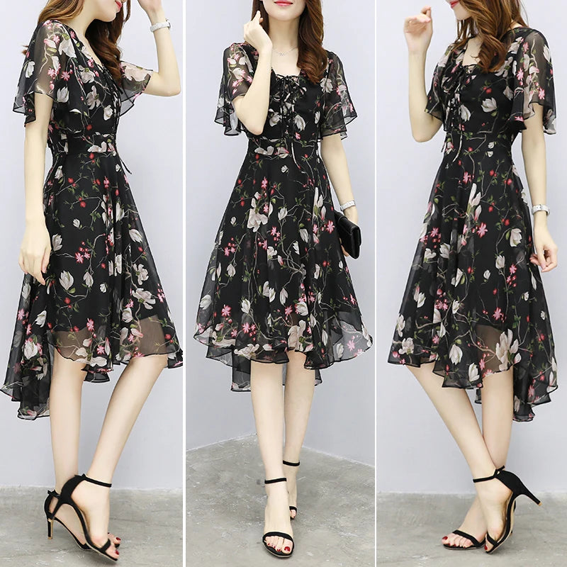 Women floral Chiffon Flower Dress 2026 trends new in Ladies Elegant V Neck short Sleeve korean style Summer Dress Female Clothes