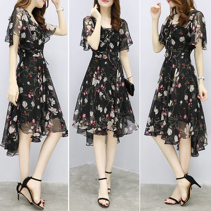Women floral Chiffon Flower Dress 2026 trends new in Ladies Elegant V Neck short Sleeve korean style Summer Dress Female Clothes