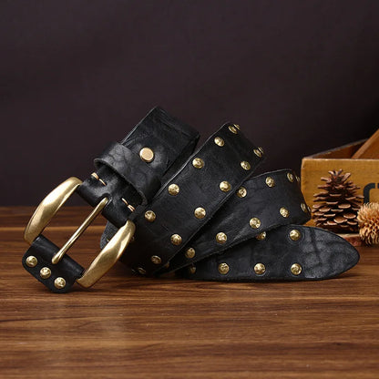 Punk Trend Rivet Men Belt Thicken Genuine Leather Brass Pin buckle Washed Retro Distressed Pure Cowhide Personalized Denim Belt