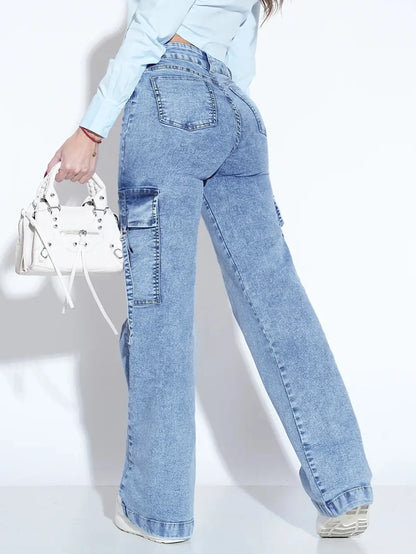 Women's Washed Utility Jeans with Multiple Pockets - Stylish and Practical Denim Pants for Everyday Wear