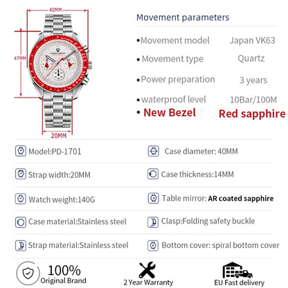 PAGANI DESIGN New Retro Red Watch Luxury Quartz Watches For Men Stainless steel Luminous AR Sapphire crystal Chronograph Man