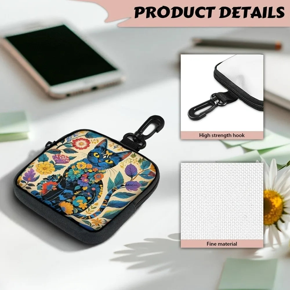 Durable Mini Coin Purse Artificial Leather Cat Print Wallet Waterproof Portable Earphone Bag Friends Gift