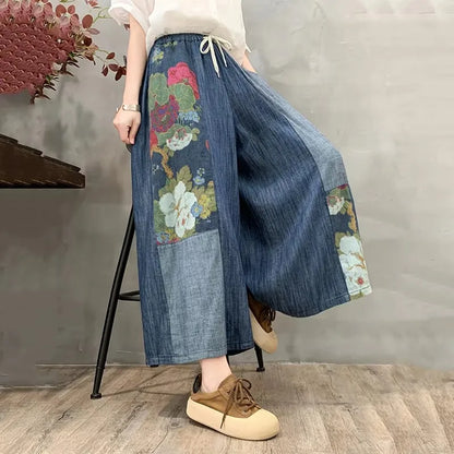 Amax luluE 2024 Summer Womens Fashion Denim Printed Plus Size Wide Leg Pants Ladies Casual Loose Floral Jeans Classic Trousers