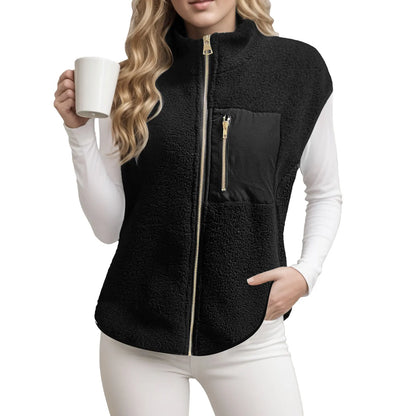 Women's Fleece Vests Sleeveless Jackets Casual Warm Cardigan Sweatshirts With Front Zipper Pockets Stand Collar Simple Outerwear