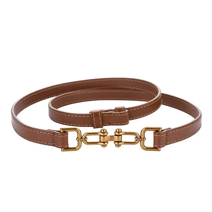 Women's Adjustable Thin Leather Belt, Genuine Leather Waist Belt with Decorative Fashion Buckle for Coats and Dresses