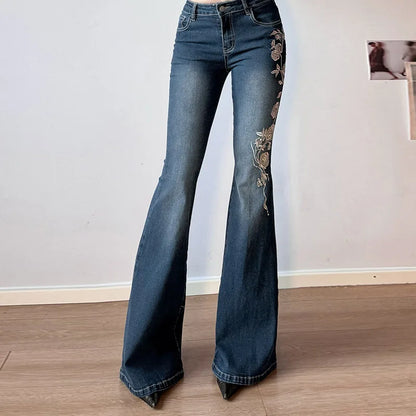 2026 Denim Trousers Y2K Flare Pants Jeans Women Embroidery Boot Cut Low Waist Washed Distressed Pockets Floor Length Streetwear