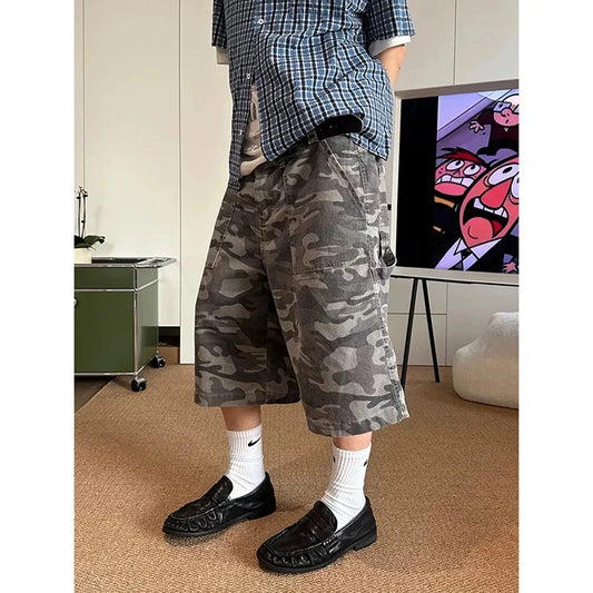 ZHIZOU Summer Vintage Camouflage Short Jeans Women's Oversized Distressed Jorts Y2k Grunge Baggy Denim Shorts Wide Streetwear