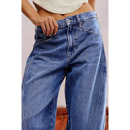 American-style retro curved splicing women's jeans with brown belt + vintage washed, lazy-style figure-flattering jeans
