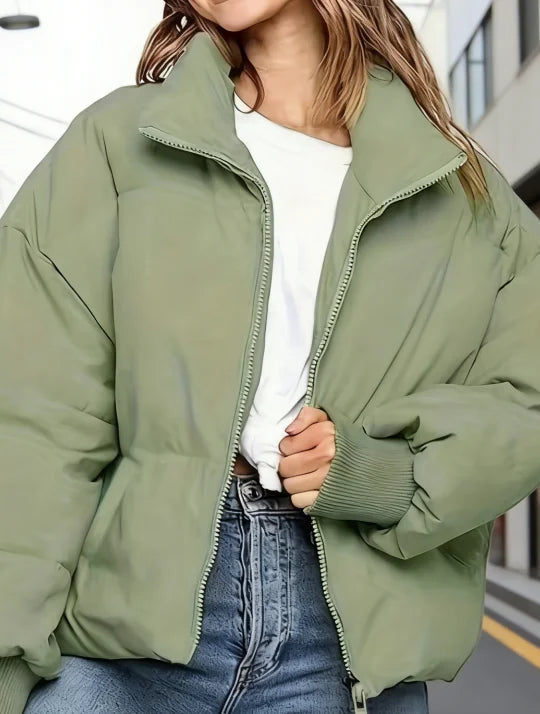 Thickened Oversized Cropped Puffer Jacket, Army Green Zip-Up Style, Women's Warm Top