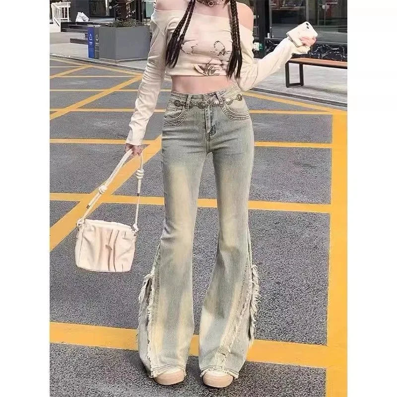 Women Vintage Blue Jeans High Waist American Retro 90s Raw Material Edge Design Y2k Denim Pants Streetwear Wide Leg Jeans