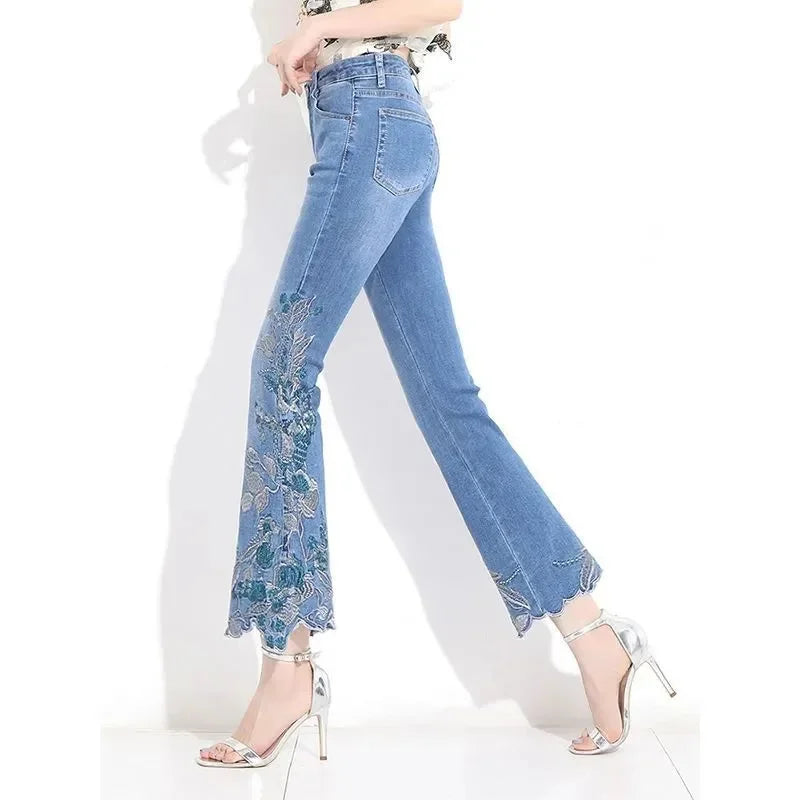 2025 Spring/Summer New Thin Embroidered Jeans Women's Stretch Embroidered Nine Part Pants Retro Versatile Micro Bellbottom Pants