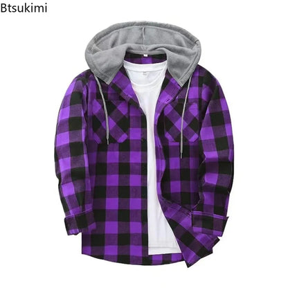 2026 Men's Flannel Shirt Jackets Classic Plaid Loose Casual Hooded Coats Double Pockets Button-up