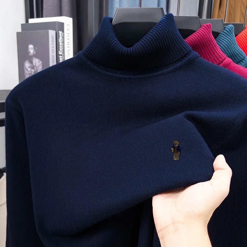 High-End Man Spring Long-Sleeved Knitwear Bear Print High Neck Hot Pullover Versatile Trend Leisure Warm Sweater Men's Clothing