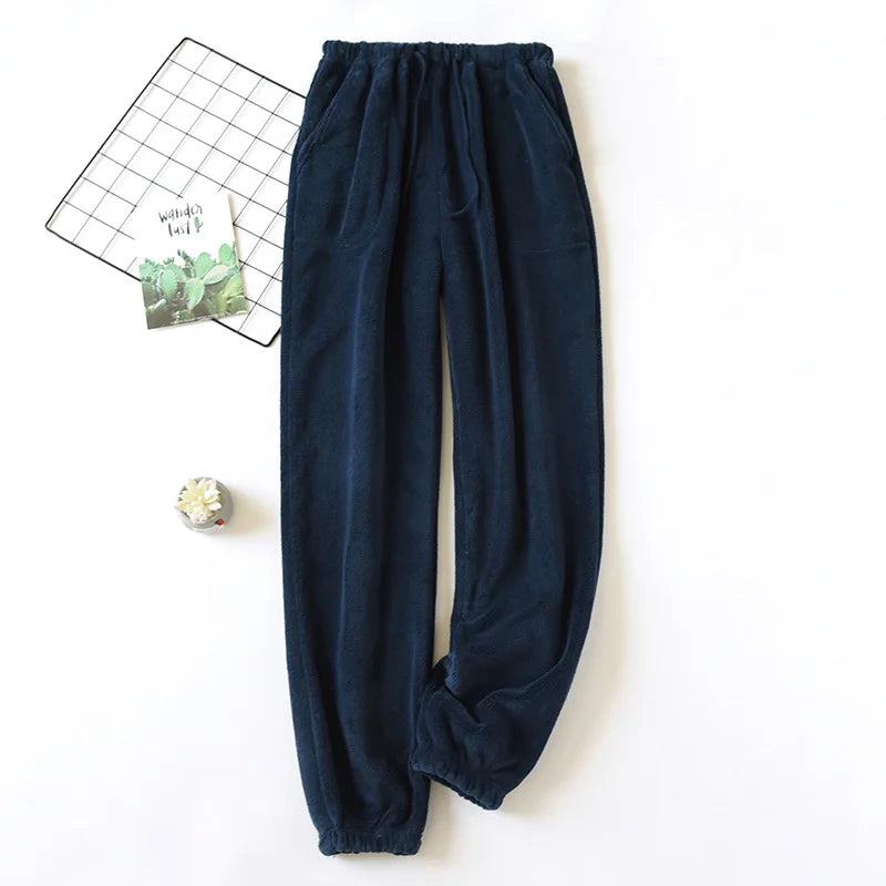 New Plush Winter Thick Sleep Men Pants Flannel Sleep Bottoms Plus Velvet Home Pajama Coral Fleece Male Sleepwear With Pocket