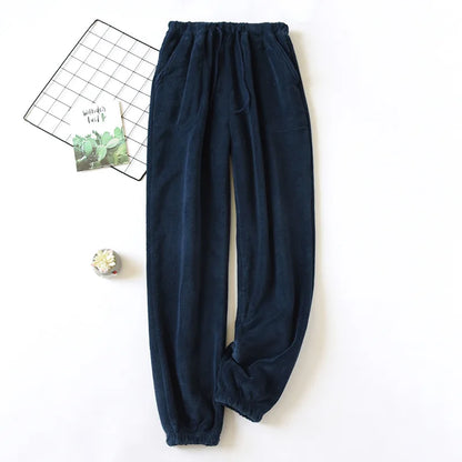 New Plush Winter Thick Sleep Men Pants Flannel Sleep Bottoms Plus Velvet Home Pajama Coral Fleece Male Sleepwear With Pocket