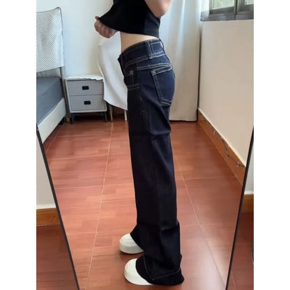 Womens Jeans New American Style Double Waist Button Bootcut Loose Fit Low Rise Straight Leg Pants Not Tight