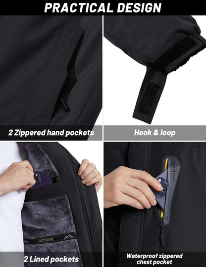 Men's Winter Jacket Waterproof Windproof Fleece Lined Parka Warm Thermal Coat with Removable Hood Outdoor Ski Snowboard Jacket
