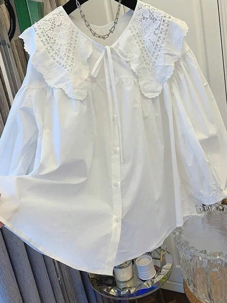 Women's Casual Loose Doll Collar Blouse, Elegant Lace Trim Peter Pan Collar Shirt, Sweet Daily Top for Spring Summer