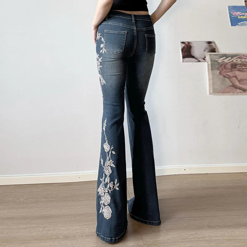 2026 Denim Trousers Y2K Flare Pants Jeans Women Embroidery Boot Cut Low Waist Washed Distressed Pockets Floor Length Streetwear