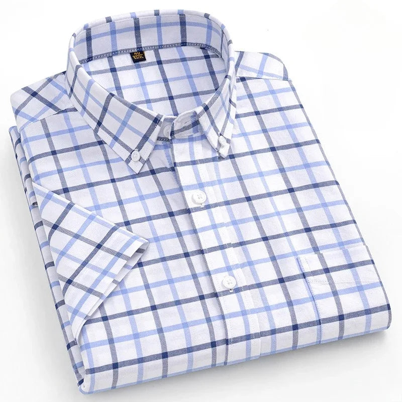 New in Shirt Plus Size 14XL Fashion Summer 100%Cotton Oxford Plaid Short Sleeve Shirt for Man Designer Office Elegant Clothes