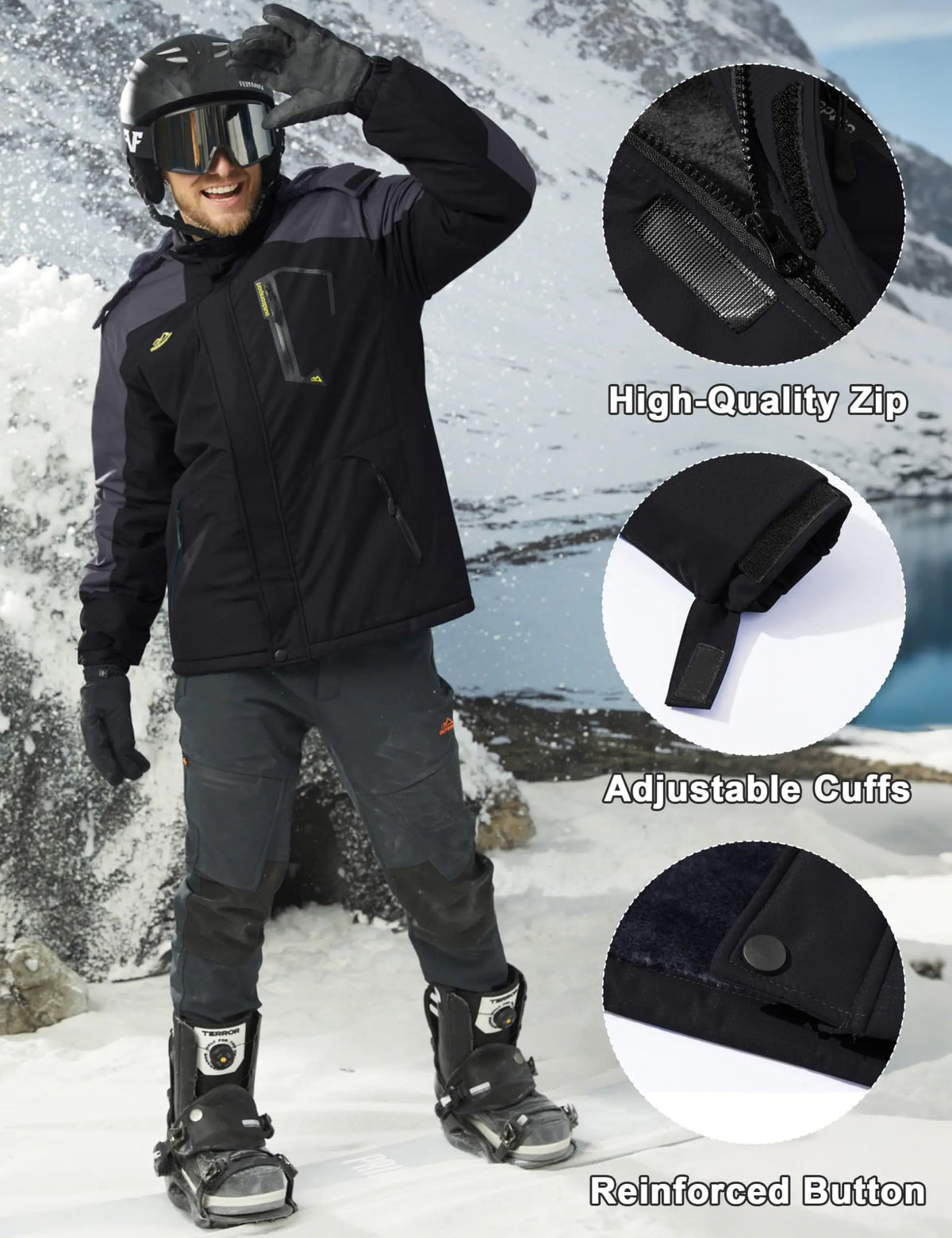 Men's Water-Resistant Ski Jacket Winter Fleece Lined Snow Coat Warm Windproof Outdoor Jacket