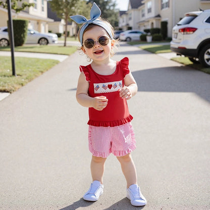 Infant Girl s Patriotic Outfit Red White Blue American Flag Heart Embroidered Flutter Sleeve Top Plaid Ruffle Shorts Set for