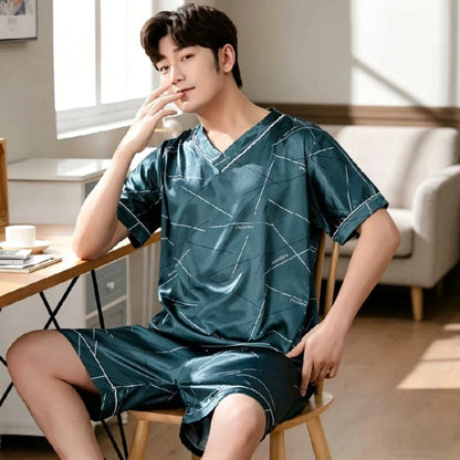 Men Summer New Fashion Print Pajamas Set Plus Size V-Neck Short Sleeve Shorts Men's Sleepwear