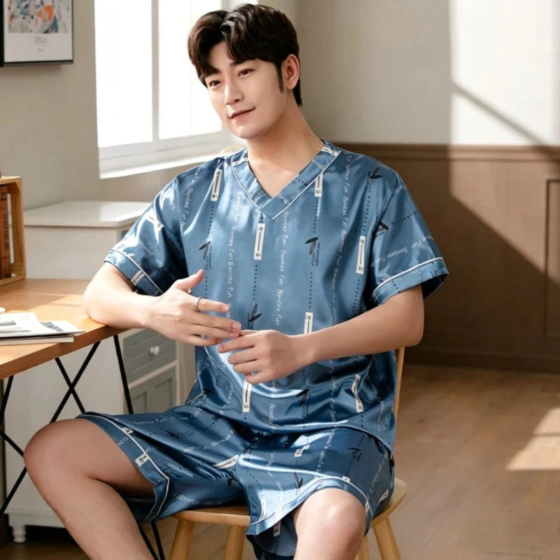 Men Summer New Fashion Print Pajamas Set Plus Size V-Neck Short Sleeve Shorts Men's Sleepwear