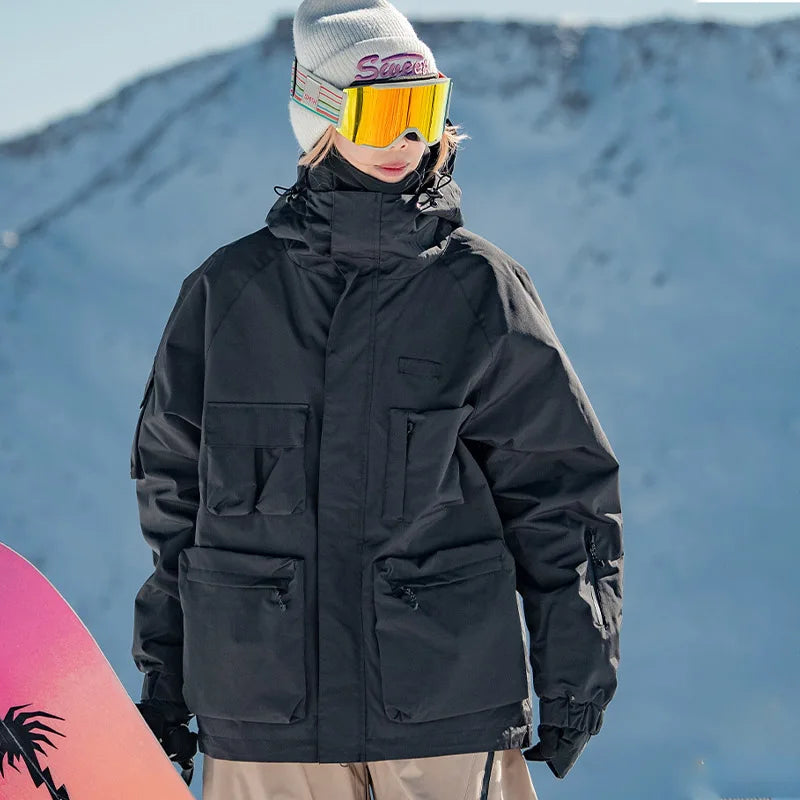 Unisex American Cargo Ski Jacket Loose Multi-Pocket Snow Coat Windproof Waterproof Warm Hooded Snowboard Jacket Men Women Skiing
